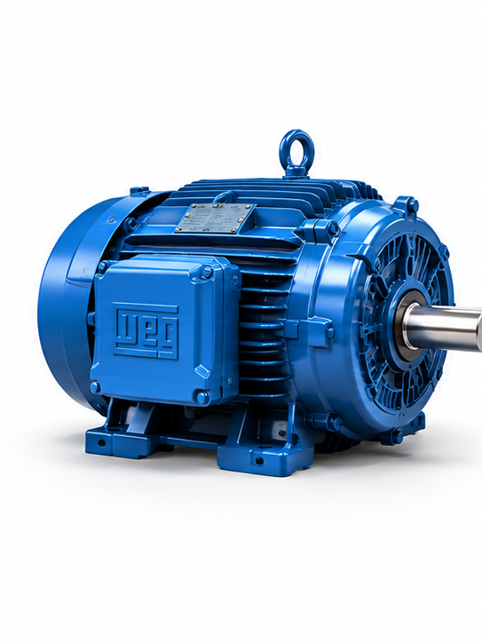 Motor elétrico azul com identificação WEG e eixo metálico.