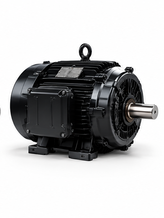Motor elétrico preto com carcaça aletada e eixo metálico.