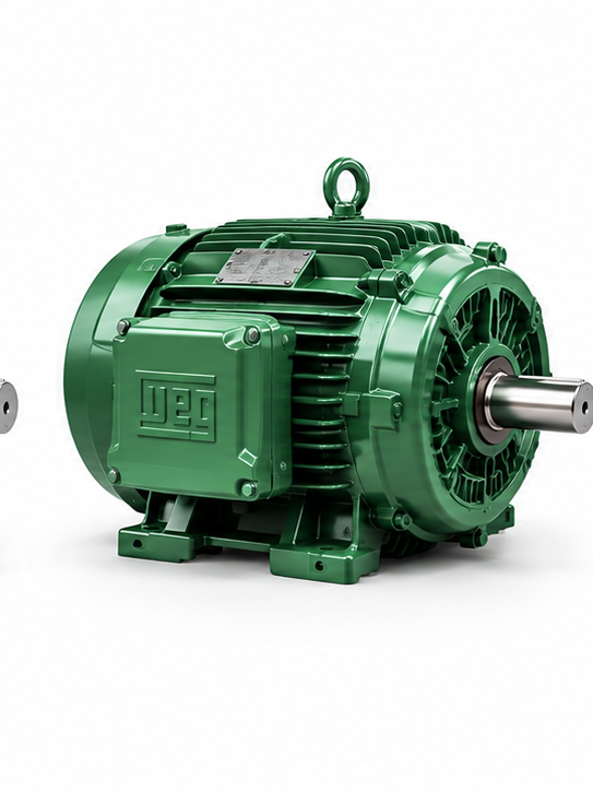 Motor elétrico verde com carcaça aletada e eixo metálico.